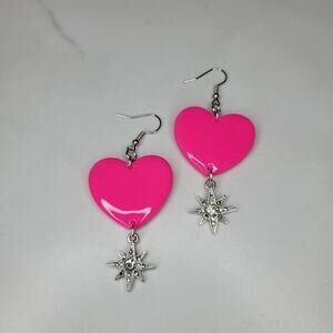 Handmade Polymer Clay Celestial Heart Earrings / Hot pink